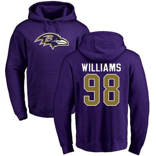 Men Baltimore Ravens Purple Brandon Williams Name and Number Logo NFL Football 98 Pullover Hoodie Sweatshirt